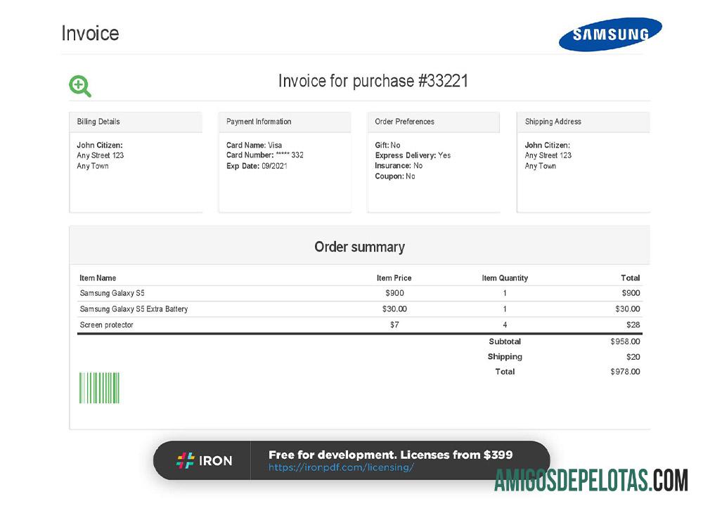 Fatura Samsung dos EUA modelo